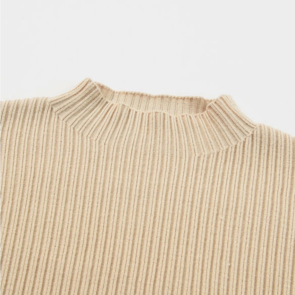 Oatmeal Tan Ribbed Short Sleeve Ribbed Lightweight Sweater Top, High Collar - Picture 5 of 10